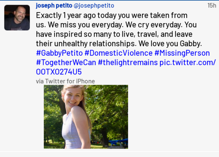 Joseph Petito One year later tweet